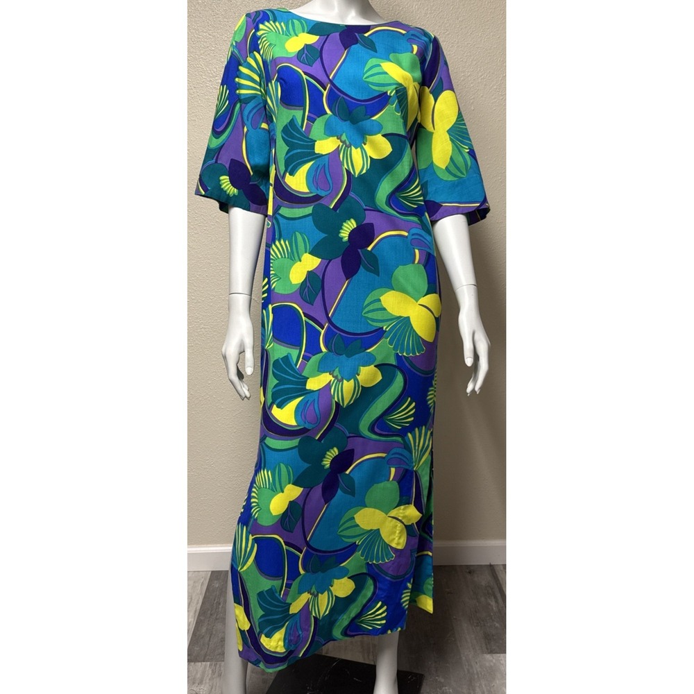 Malihini Vintage Hawaii Maxi Dress in Blue & Green